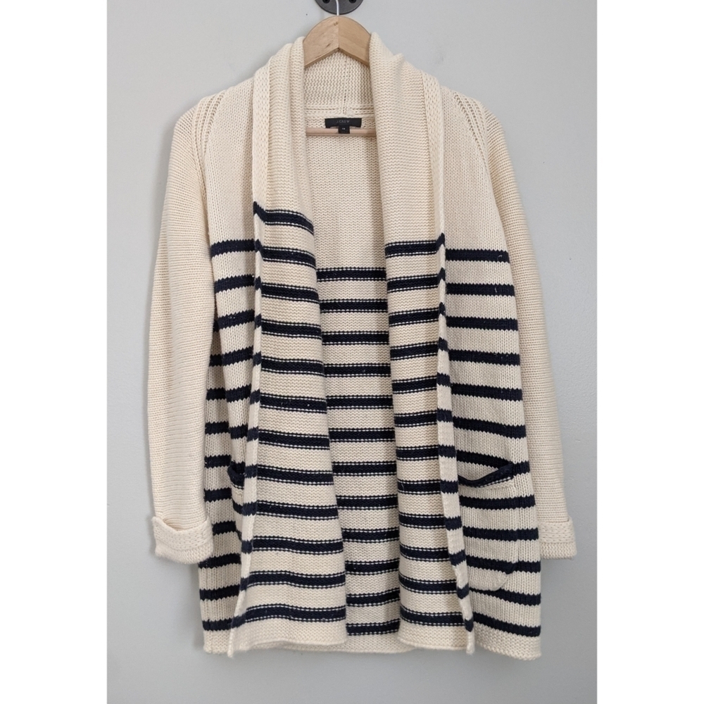 J. Crew Navy Blue and Ivory Striped Cardigan XS
